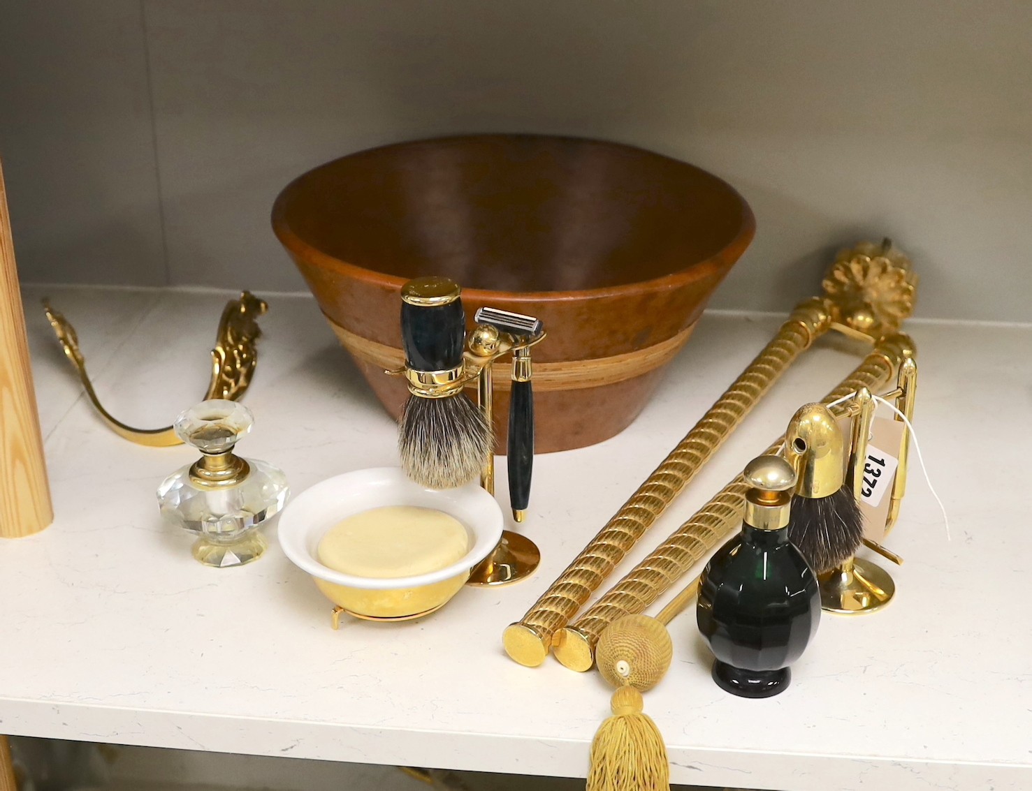 Harrods gold-plated bathroom fittings, Faberge atomiser, stylish shaving equipment, together with other decorative wares